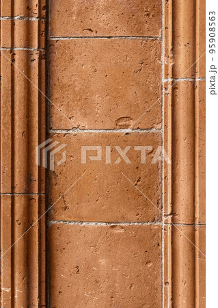 Brick work wall with ornament on old building. Red brick wall texture architecture background. Brick work wall with ornament on old building. Red brick wall texture architecture background. 95908563