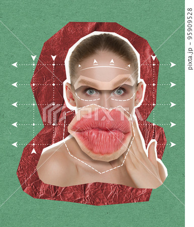 Contemporary art collage. Young girl with giant face parts symbolizing plastic surgery and face fillers 95909528
