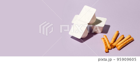 Minimal concept of food and dessert. flat lay, top view. Marshmellow and breadsticks, sweet street snack. Tredy color, hard shadow, menu for cafe, copy space, flyer, banner 95909605