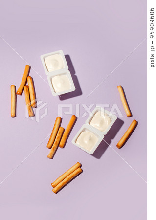 Minimal concept of food and dessert. flat lay, top view. Marshmellow and breadsticks, sweet street snack. Tredy color, hard shadow, menu for cafe, copy space, flyer, banner 95909606