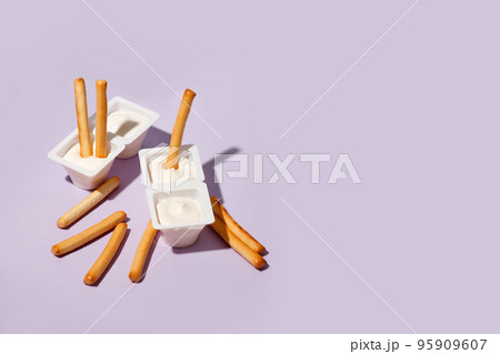 Minimal concept of food and dessert. flat lay, top view. Marshmellow and breadsticks, sweet street snack. Tredy color, hard shadow, menu for cafe, copy space, flyer, banner 95909607