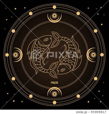 Pisces zodiac sign, astrological horoscope sign in a mystical circle with moon, sun and stars. Golden design, vector Pisces zodiac sign, astrological horoscope sign in a mystical circle with moon, sun and stars. Golden design, vector 95909817