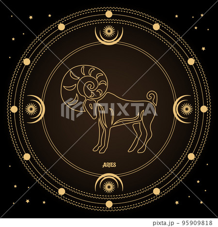 Aries zodiac sign, astrological horoscope sign in a mystical circle with moon, sun and stars. Golden design, vector Aries zodiac sign, astrological horoscope sign in a mystical circle with moon, sun and stars. Golden design, vector 95909818