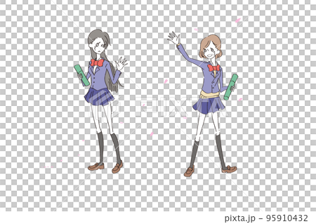 Graduation ceremony Female student breaking up with her friends while the cherry blossoms are dancing Graduation ceremony Female student breaking up with her friends while the cherry blossoms are dancing 95910432