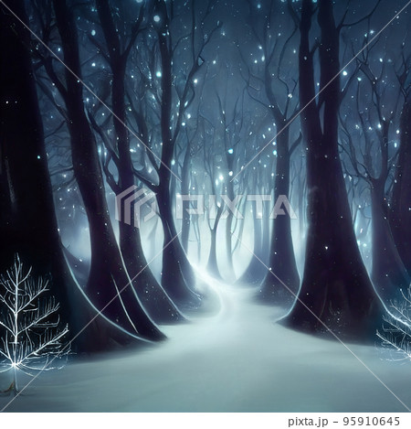 Enchanted winter forest at night, bare trees decorated with glowing lights along a path covered with snow. Square format, 3D digital illustration 95910645