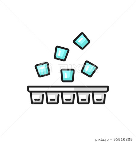 Ice cube plastic container with flying blue water cubes isolated outline icon. Vector fridge freezer ice cube tray, mobile and web apps design element. Flying square icecubes, drinks refreshing cubes Ice cube plastic container with flying blue water cubes isolated outline icon. Vector fridge freezer ice cube tray, mobile and web apps design element. Flying square icecubes, drinks refreshing cubes 95910809