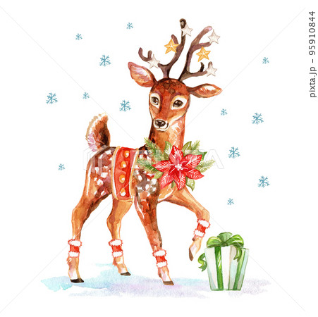 Christmas deer with gift watercolor isolated illustration Christmas deer with gift watercolor isolated illustration 95910844