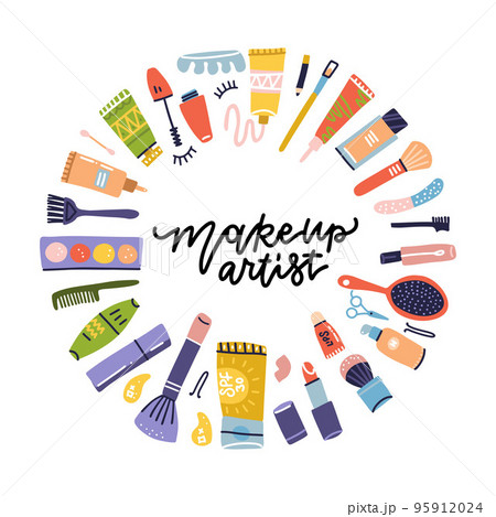 Beauty shop cosmetic label doodle frame for makeup artist. Lipstick and shampoo, powder and mascara, lotion bottle and cream icons. Cosmetics items. Vector Flat hand drawn icons illustration 95912024