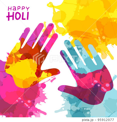 Holi Festival Background with Colorful Handprint and rainbow splashes. Vector Illustration with lettering for greeting cards and banners Holi Festival Background with Colorful Handprint and rainbow splashes. Vector Illustration with lettering for greeting cards and banners 95912077