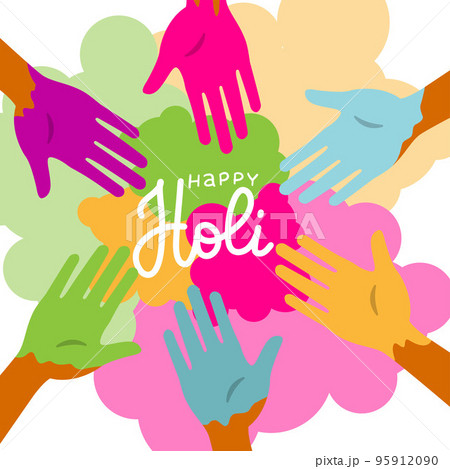 Bunch of colorful hands of friends group having fun at party on holi color festival summer vacation.Young people enjoying time together. Concept with multicolored powder game. Flat vector illustration Bunch of colorful hands of friends group having fun at party on holi color festival summer vacation.Young people enjoying time together. Concept with multicolored powder game. Flat vector illustration 95912090
