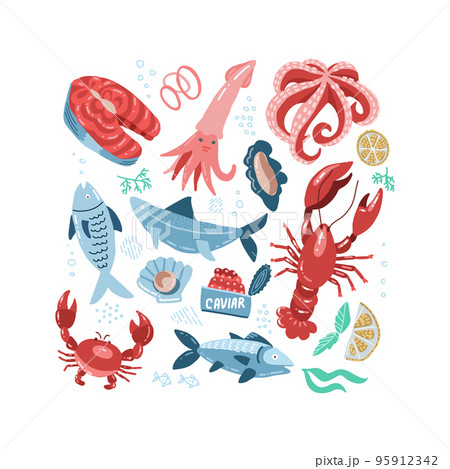 Sea Food Hand Drawn Doodle with Fish, Crab, lobster, caviar, salmon steak and Oyster. Vector illustration. Vector marine inhabitants collection in rough childish style 95912342