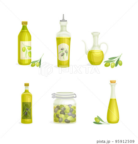Olives in Glass Jar and Oil in Jug and Corked Bottle Vector Set Olives in Glass Jar and Oil in Jug and Corked Bottle Vector Set 95912509
