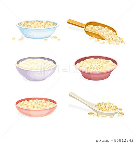 Oatmeal as Whole-grain Food and Cereal in Bowl and Scoop Vector Set Oatmeal as Whole-grain Food and Cereal in Bowl and Scoop Vector Set 95912542