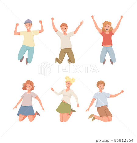 Happy Man and Woman Character Jumping with Raised Hands Vector Set Happy Man and Woman Character Jumping with Raised Hands Vector Set 95912554