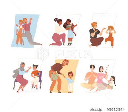 Mom and Dad Talking to Their Son and Daughter and Arguing with Kid as Bad and Good Relationship Between Parent and Little Child Vector Set 95912564