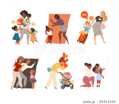 Tired Mom with Naughty Kid Feeling Stress and Exhaustion of Multitasking Vector Set Tired Mom with Naughty Kid Feeling Stress and Exhaustion of Multitasking Vector Set 95912565