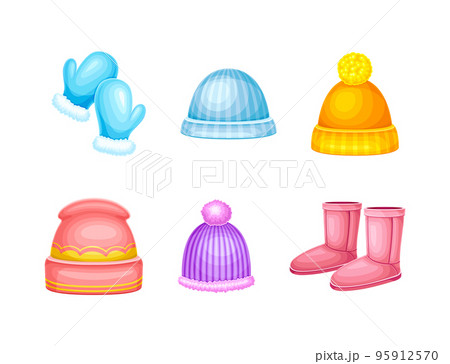 Winter Clothes with Mittens, Boots and Knitted Hat as Warm Outerwear and Protection Against Cold Weather Vector Set 95912570