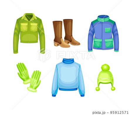 Winter Clothes with Jacket, Boots, Gloves, Sweater and Knitted Hat as Warm Outerwear and Protection Against Cold Weather Vector Set Winter Clothes with Jacket, Boots, Gloves, Sweater and Knitted Hat as Warm Outerwear and Protection Against Cold Weather Vector Set 95912571