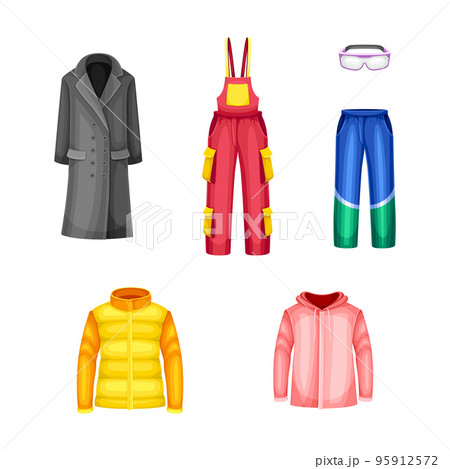 Winter Clothes with Coat, Jumpsuit, Pants and Puffer Jacket as Warm Outerwear and Protection Against Cold Weather Vector Set Winter Clothes with Coat, Jumpsuit, Pants and Puffer Jacket as Warm Outerwear and Protection Against Cold Weather Vector Set 95912572