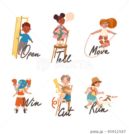 Little Boy and Girl Expressing Different Action Verb for Kids Education Vector Set Little Boy and Girl Expressing Different Action Verb for Kids Education Vector Set 95912587