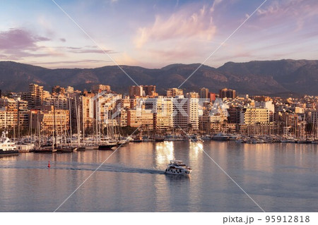 Boats in a Marina with Downtown City Buildings by Balearic Sea. Palma, Balearic Islands, Spain. Boats in a Marina with Downtown City Buildings by Balearic Sea. Palma, Balearic Islands, Spain. 95912818