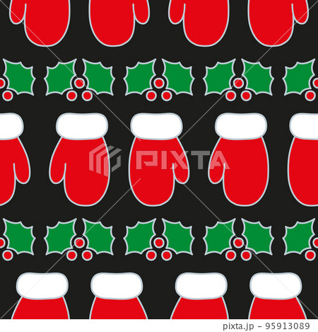 Cute red mitten and holly on black background. Seamless vector pattern. Christmas background for festive designs, textile print, wrapping, paper decorations, decors, banners, cards, and invitations. Cute red mitten and holly on black background. Seamless vector pattern. Christmas background for festive designs, textile print, wrapping, paper decorations, decors, banners, cards, and invitations. 95913089