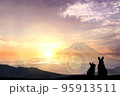 卯年年賀状-兎の親子シルエットと富士山と初日の出 95913511