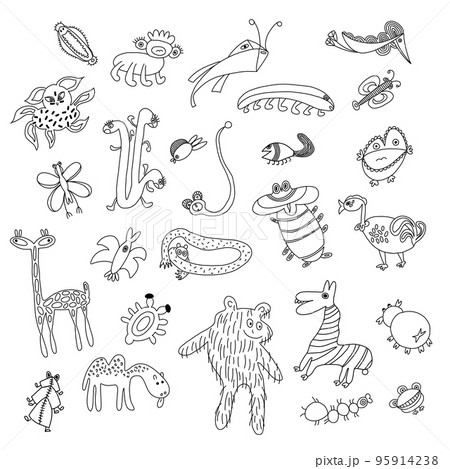 Set of unique fantastic strange animals. Doodle style characters. Set of unique fantastic strange animals. Doodle style characters. 95914238