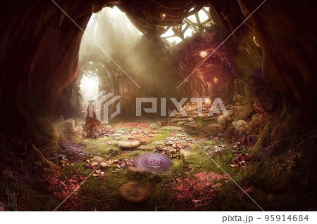 幻想的に描かれた洞窟の風景 95914684