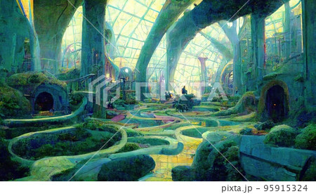 幻想的に描かれた異世界の都市のイラスト素材