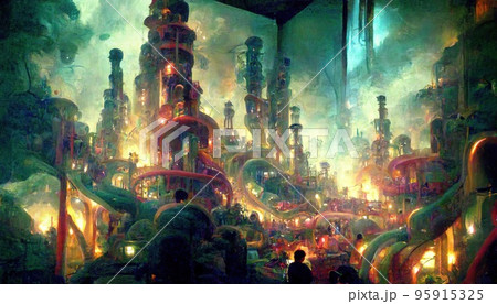 幻想的に描かれた異世界の都市のイラスト素材
