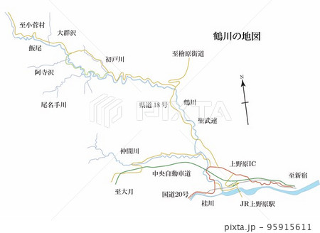 山梨県上野原市北部を流れる鶴川の地図 山梨県上野原市北部を流れる鶴川の地図 95915611
