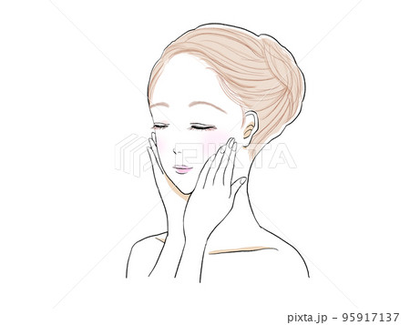 目を閉じて頬に両手をあてる若い美しい女性 95917137