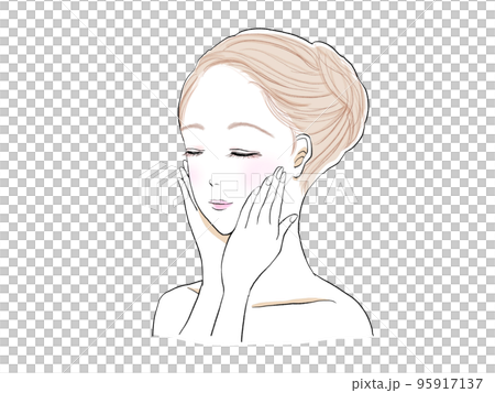 目を閉じて頬に両手をあてる若い美しい女性 95917137
