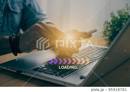 Casual Businessman Touching Mobile Phone and Blue Orange Fishbone Loading Module in Vintage Tone Casual Businessman Touching Mobile Phone and Blue Orange Fishbone Loading Module in Vintage Tone 95918781