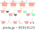赤い鍋で調理する様子のセットイラスト（うどん、ラーメン、味噌汁、スープ等） 95919125