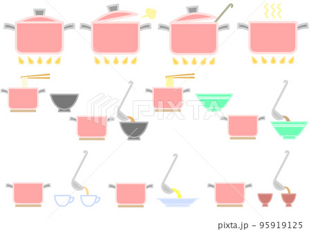 赤い鍋で調理する様子のセットイラスト(うどん、ラーメン、味噌汁、スープ等) 赤い鍋で調理する様子のセットイラスト(うどん、ラーメン、味噌汁、スープ等) 95919125