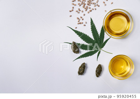 Cannabis distillation concept showing CBD oil, hemp seed and leaf. Flat lay. Cannabis distillation concept showing CBD oil, hemp seed and leaf. Flat lay. 95920455