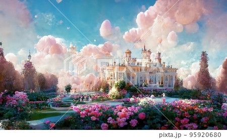 Spectacular fantasy palace with garden of flower. Digital art 3D illustration. Spectacular fantasy palace with garden of flower. Digital art 3D illustration. 95920680