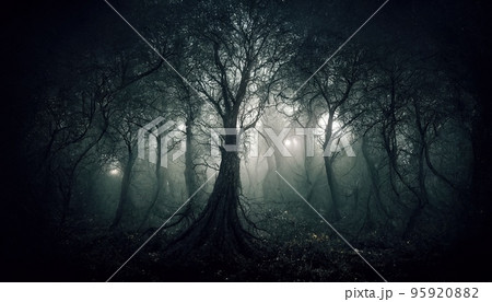 Dark scary forest cursed by witch spell spectacular 3D illustration 95920882
