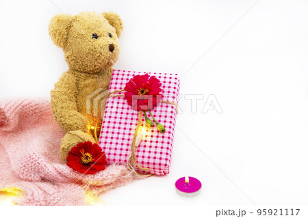 teddy bear holding gift box