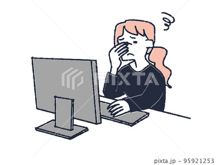 パソコンをしながら目の疲れを感じている女性　眼精疲労や目の病気に関するイラスト 95921253