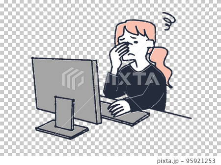 パソコンをしながら目の疲れを感じている女性　眼精疲労や目の病気に関するイラスト 95921253