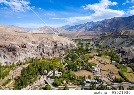 aerial view of Lamayuru village and Lamayuru Monastery or Gompa is a tibetan style buddhist monastery in Ladakh, north India aerial view of Lamayuru village and Lamayuru Monastery or Gompa is a tibetan style buddhist monastery in Ladakh, north India 95921980