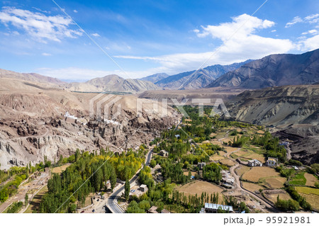 aerial view of Lamayuru village and Lamayuru Monastery or Gompa is a tibetan style buddhist monastery in Ladakh, north India aerial view of Lamayuru village and Lamayuru Monastery or Gompa is a tibetan style buddhist monastery in Ladakh, north India 95921981