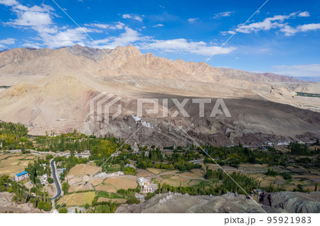 aerial view of Lamayuru village and Lamayuru Monastery or Gompa is a tibetan style buddhist monastery in Ladakh, north India aerial view of Lamayuru village and Lamayuru Monastery or Gompa is a tibetan style buddhist monastery in Ladakh, north India 95921983