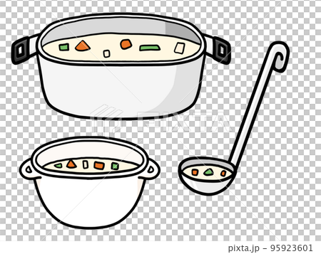 シチューが入ったお鍋とお皿とお玉のイラスト 95923601