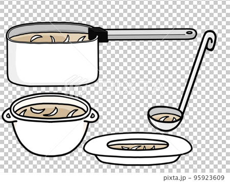 玉ねぎのスープが入ったお鍋とお皿とお玉のイラストのイラスト素材