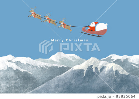 雪化粧の山とサンタクロースとトナカイが子供たちにプレゼントを届けに行く冬のクリスマスのイラスト 95925064