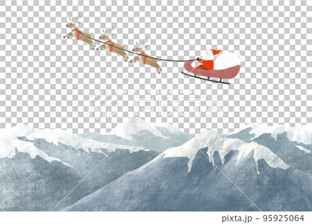 雪化粧の山とサンタクロースとトナカイが子供たちにプレゼントを届けに行く冬のクリスマスのイラスト 95925064